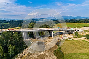 Aerial drone view on highway construction