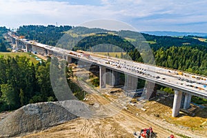Aerial drone view on highway construction
