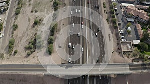 Aerial Drone View of Highway I-10 in Phoenix Tempe Chandler Arizona on a sunny day showing highway and surrounding areas