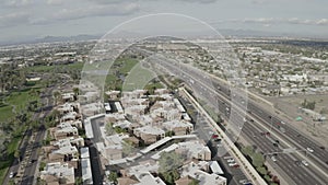 Aerial Drone View of Highway I-10 in Phoenix Tempe Chandler Arizona on a sunny day showing highway and surrounding areas