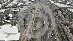 Aerial Drone View of Highway I-10 in Phoenix Tempe Chandler Arizona on a sunny day showing highway and surrounding areas