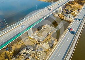 Aerial drone view of highway road under construction