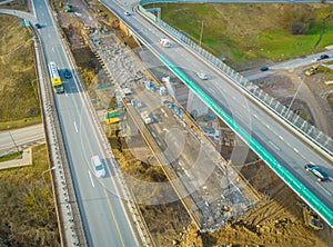 Aerial drone view of highway road under construction