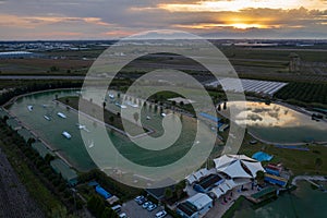 Aerial drone view Hip-notics cable park wake park in Antalya Turkey. Wakeboarding in Turkey.