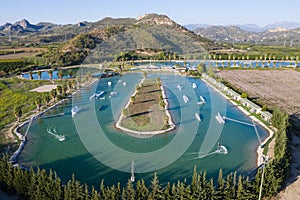 Aerial drone view Hip-notics cable park wake park in Antalya Turkey. Wakeboarding in Turkey.