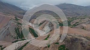 Aerial drone view of hvannagil or golden valley on iceland, on a cloudy overcast day. Beautiful valley looking from above, rock