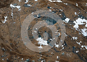 Aerial Drone view of Hverir in Winter with Snow. Icelandic Hverarond is geothermal area in Myvatn, Iceland. Hverir is a