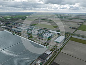 Aerial drone view on internet infrastructure, data centers in Middenmeer, The Netherlands. Large big tech companies.