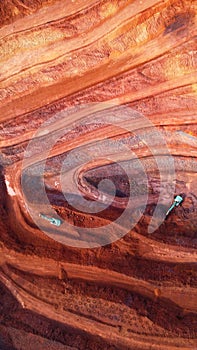 Aerial drone view of iron mine in India excavation workin iron ore mine in Asia