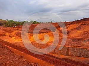 Aerial drone view of iron mine in India excavation workin iron ore mine in Asia