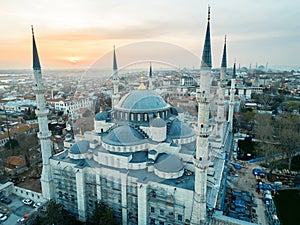 Aerial drone view of The Blue Mosque in Istanbul at sunset, Turkey