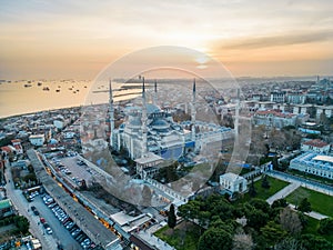 Aerial drone view of The Blue Mosque in Istanbul at sunset, Turkey