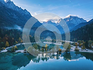 Aerial drone view of Jasna lake in Triglav national park, Kranjska Gora, Slovenia. Beautiful autumn landscape