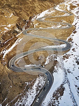 Aerial drone view of the Julier Pass in the Swiss Alps photo