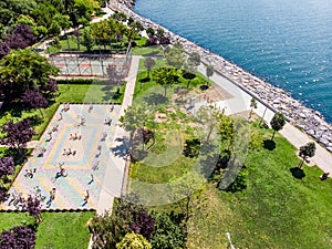 Aerial Drone View of Kadikoy Moda Seaside with Public Exercise Equipment and Basketball Court in Istanbul. photo