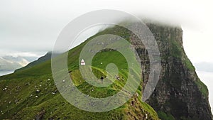 Aerial drone view of Kalsoy island, Faroe Islands. Amazing Faroese nature.