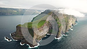 Aerial drone view of Kalsoy island, Faroe Islands. Amazing Faroese nature.