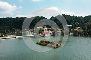 Aerial drone view of Kandy lake and famous city landmark Sri Dalada Maligawa Temple in Sri Lanka.