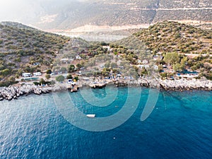 Aerial Drone View of Kas is small fishing, diving, yachting and tourist town in district of Antalya Province, Turkey.