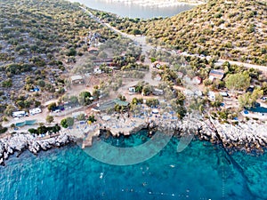 Aerial Drone View of Kas is small fishing, diving, yachting and tourist town in district of Antalya Province, Turkey.