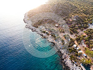 Aerial Drone View of Kas is small fishing, diving, yachting and tourist town in district of Antalya Province, Turkey.