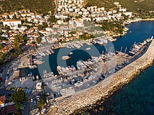 Aerial Drone View of Kas is small fishing, diving, yachting and tourist town in district of Antalya Province, Turkey.