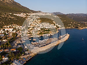 Aerial Drone View of Kas is small fishing, diving, yachting and tourist town in district of Antalya Province, Turkey.