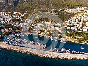 Aerial Drone View of Kas is small fishing, diving, yachting and tourist town in district of Antalya Province, Turkey.