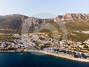 Aerial Drone View of Kas is small fishing, diving, yachting and tourist town in district of Antalya Province, Turkey.