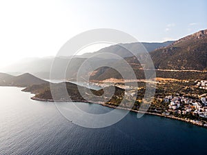 Aerial Drone View of Kas is small fishing, diving, yachting and tourist town in district of Antalya Province, Turkey.