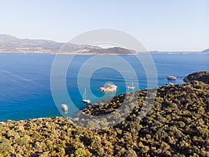 Aerial Drone View of Kas is small fishing, diving, yachting and tourist town in district of Antalya Province, Turkey.