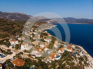 Aerial Drone View of Kas is small fishing, diving, yachting and tourist town in district of Antalya Province, Turkey.