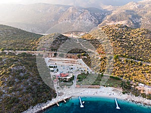 Aerial Drone View of Kas is small fishing, diving, yachting and tourist town in district of Antalya Province, Turkey.