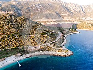 Aerial Drone View of Kas is small fishing, diving, yachting and tourist town in district of Antalya Province, Turkey.