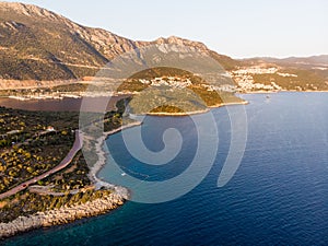 Aerial Drone View of Kas is small fishing, diving, yachting and tourist town in district of Antalya Province, Turkey.