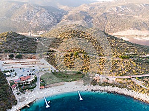 Aerial Drone View of Kas is small fishing, diving, yachting and tourist town in district of Antalya Province, Turkey.