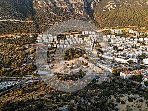 Aerial Drone View of Kas is small fishing, diving, yachting and tourist town in district of Antalya Province, Turkey.