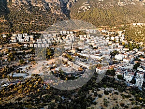 Aerial Drone View of Kas is small fishing, diving, yachting and tourist town in district of Antalya Province, Turkey.