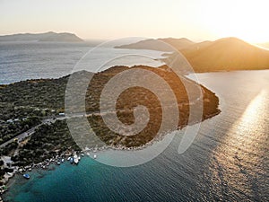 Aerial Drone View of Kas is small fishing, diving, yachting and tourist town in district of Antalya Province, Turkey.