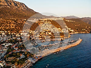 Aerial Drone View of Kas is small fishing, diving, yachting and tourist town in district of Antalya Province, Turkey.