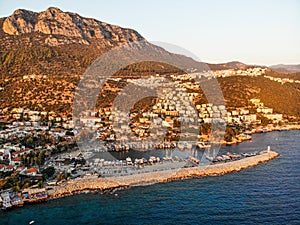 Aerial Drone View of Kas is small fishing, diving, yachting and tourist town in district of Antalya Province, Turkey.