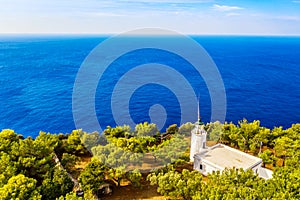 Aerial drone view of Keri lighthouse on Zakynthos island, Greece