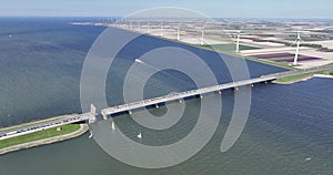 Aerial drone view of the Ketelbrug over the Ijselmeer in The Netherlands.