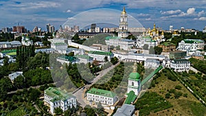 Aerial drone view of Kiev Pechersk Lavra churches on hills from above, cityscape of Kyiv city, Ukraine