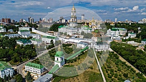 Aerial drone view of Kiev Pechersk Lavra churches on hills from above, cityscape of Kyiv city, Ukraine