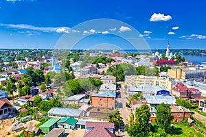 Aerial drone view of Kineshma ancient city with Volga river in Ivanovo region, Russia. Summer sunny day