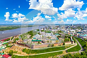 Aerial drone view of Kremlin with Volga river in Nizhny Novgorod, Russia. Summer sunny day