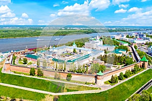 Aerial drone view of Kremlin with Volga river in Nizhny Novgorod, Russia. Summer sunny day