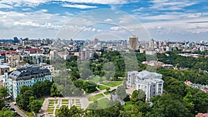 Aerial drone view of Kyiv cityscape, Podol historical district skyline from above, city of Kiev, Ukraine