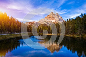 Aerial drone view of Lake Antorno (Lago di Antorno) located in Dolomites area, Belluno Province, Italy. Lake Antorno, Three Peaks